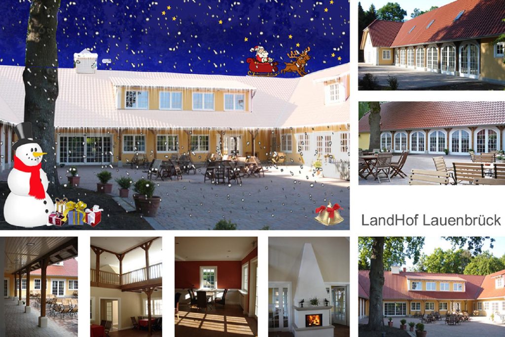 Eine Collage mit einem Weihnachtshaus, einem Weihnachtsbaum und einem Schneemann in festlicher Umgebung.