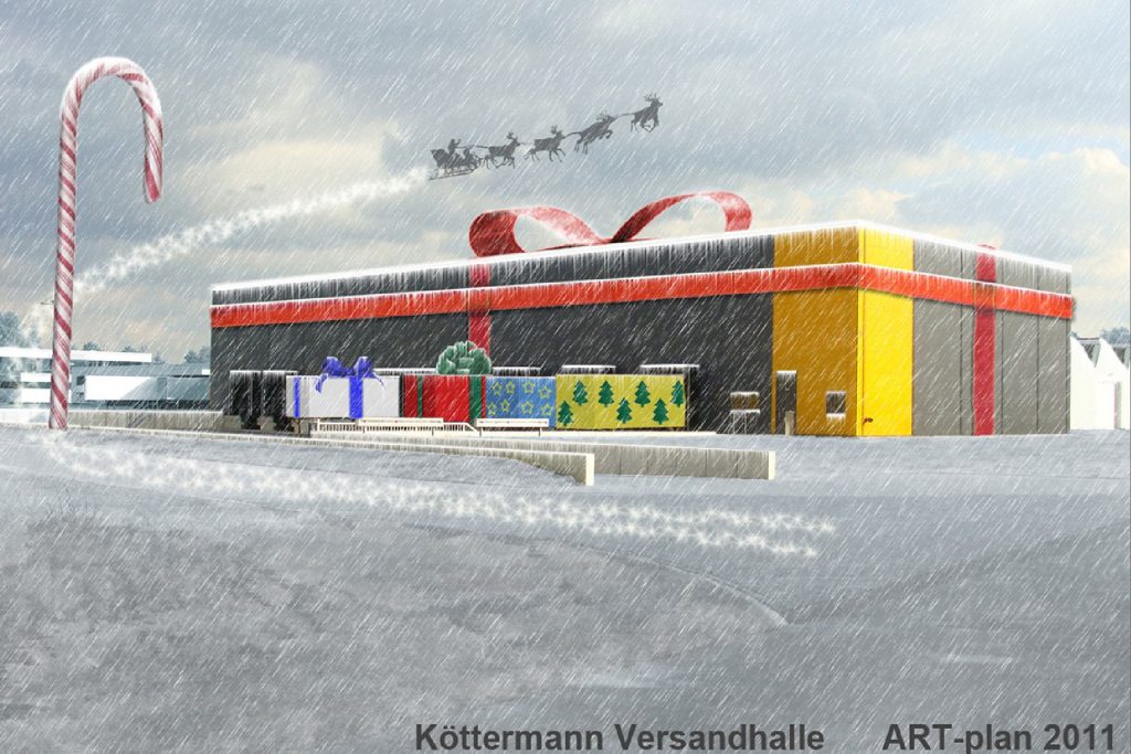 Eine Zeichnung eines Gebäudes mit einem Weihnachtsmann, der am Himmel schwebt.