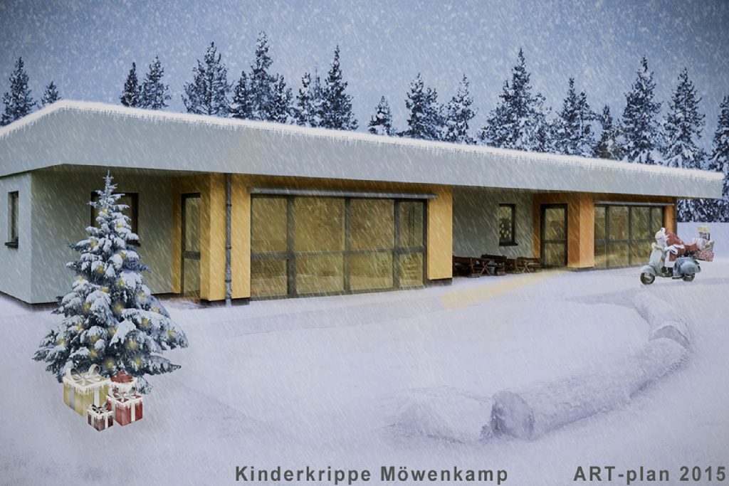 Ein Haus im Schnee mit Bäumen im Hintergrund. Die Landschaft ist winterlich und friedlich.