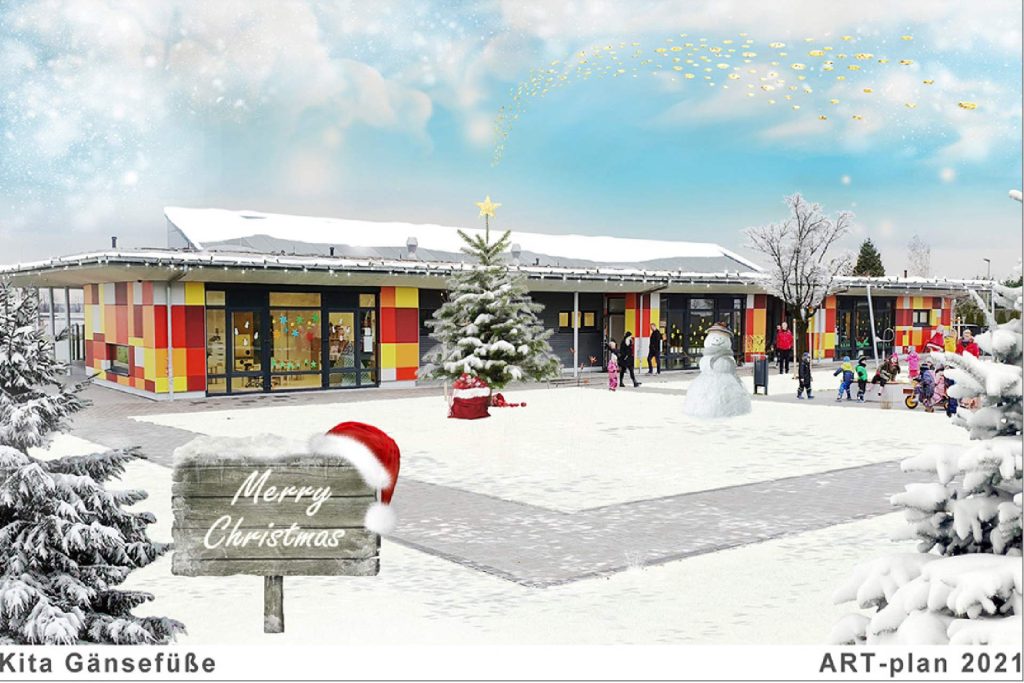 Eine weihnachtliche Szene mit einem festlich geschmückten Gebäude im Hintergrund.