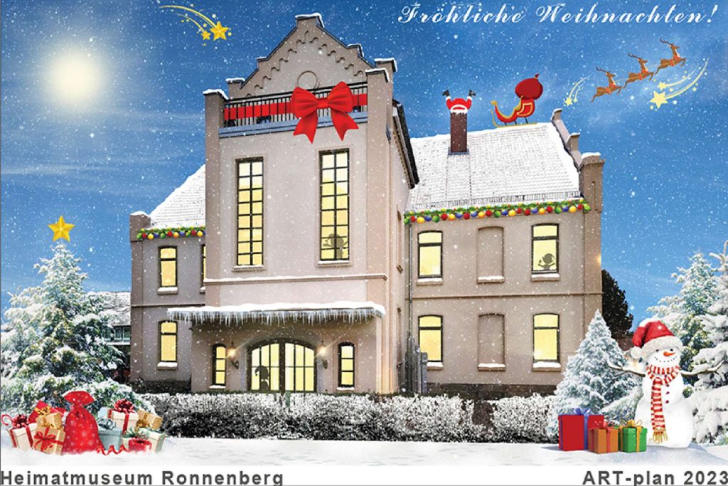 Weihnachtskarte mit einem Haus und Geschenken, umgeben von festlicher Dekoration und winterlicher Atmosphäre.