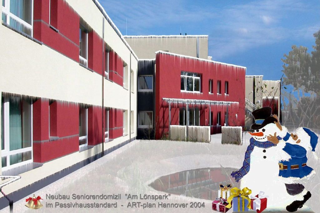 1. Ein Schneemann und ein Schneemann stehen vor einem Gebäude.