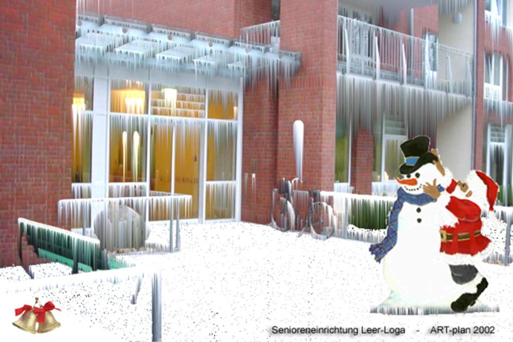 Ein Schneemann und der Weihnachtsmann stehen vor einem Gebäude und feiern die festliche Jahreszeit.